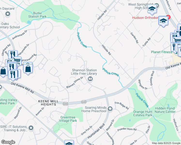 map of restaurants, bars, coffee shops, grocery stores, and more near 6426 Blarney Stone Court in Springfield