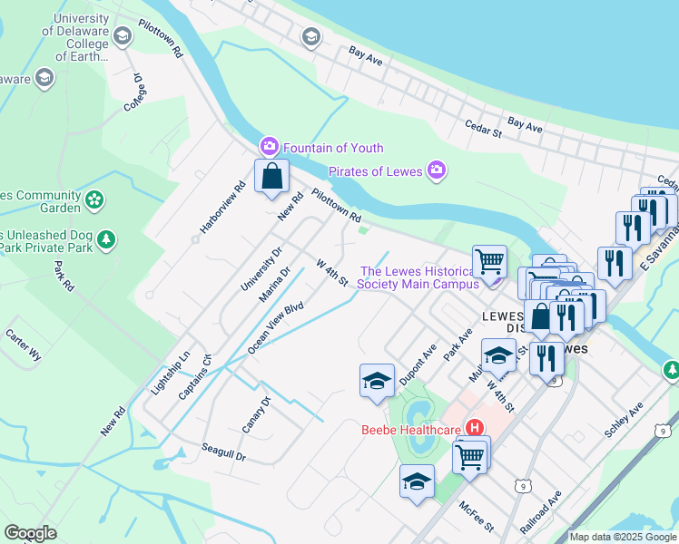 map of restaurants, bars, coffee shops, grocery stores, and more near 111 Ocean View Boulevard in Lewes