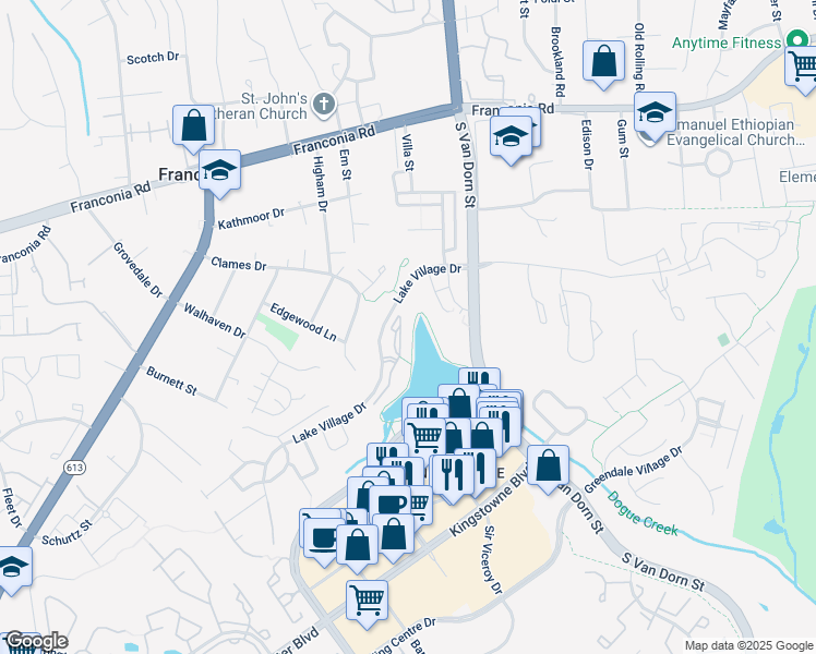 map of restaurants, bars, coffee shops, grocery stores, and more near 6523 Grange Lane in Alexandria