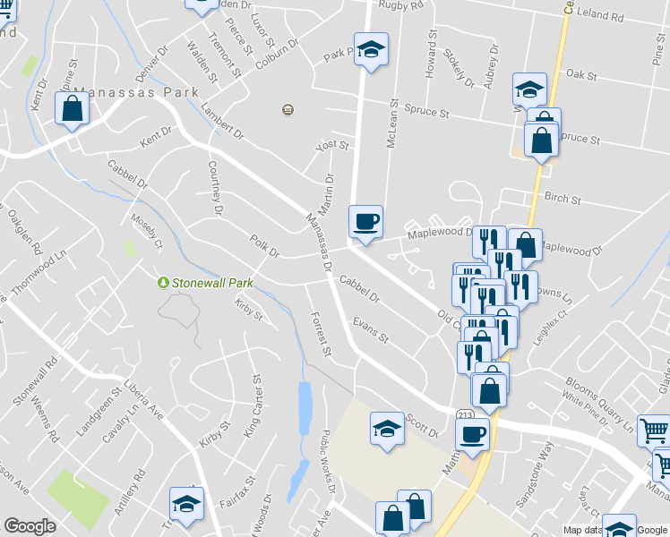 map of restaurants, bars, coffee shops, grocery stores, and more near 178 Manassas Drive in Manassas Park