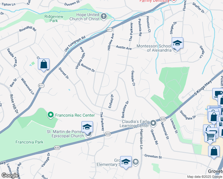 map of restaurants, bars, coffee shops, grocery stores, and more near 6422 The Parkway in Alexandria