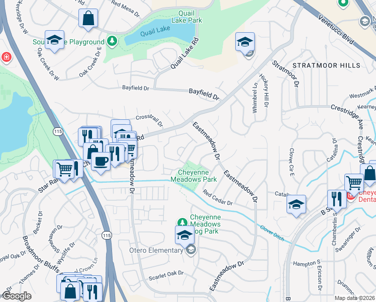 map of restaurants, bars, coffee shops, grocery stores, and more near 3835 Strawberry Field Grove in Colorado Springs