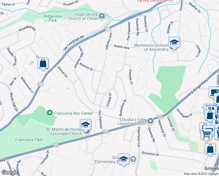 map of restaurants, bars, coffee shops, grocery stores, and more near 6422 The Parkway in Alexandria