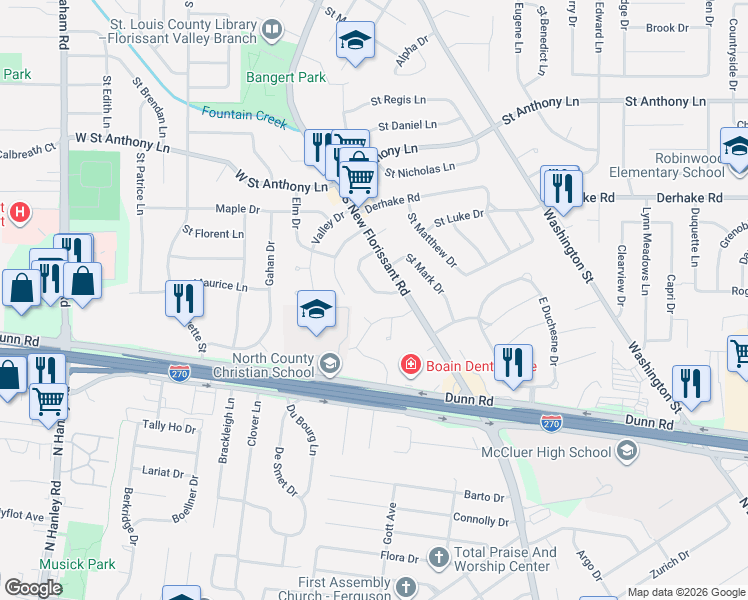 map of restaurants, bars, coffee shops, grocery stores, and more near 3 Spring Drive in Florissant