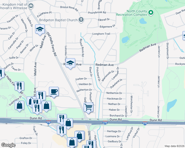 map of restaurants, bars, coffee shops, grocery stores, and more near 11146 Ebert Drive in St. Louis