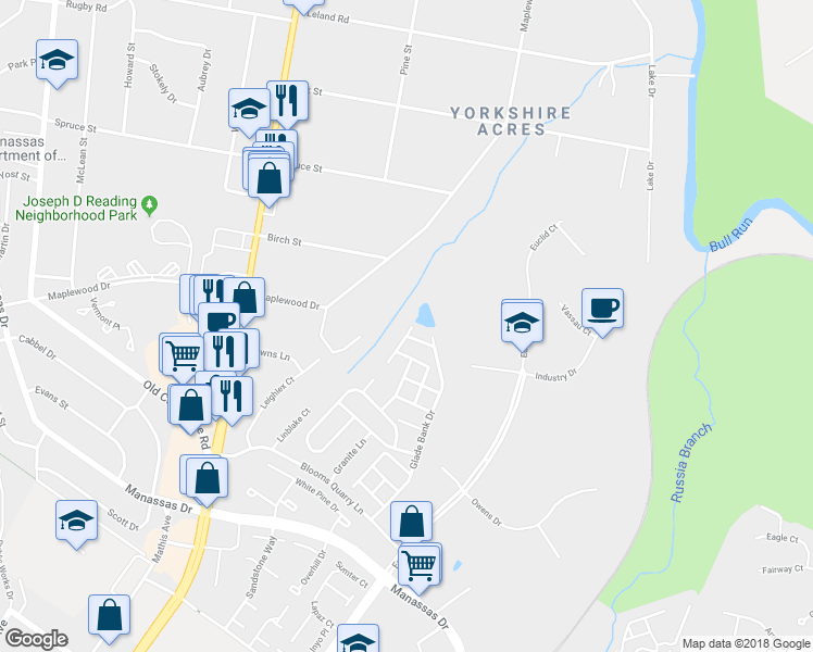 map of restaurants, bars, coffee shops, grocery stores, and more near 8202 Frog Hollow Court in Manassas