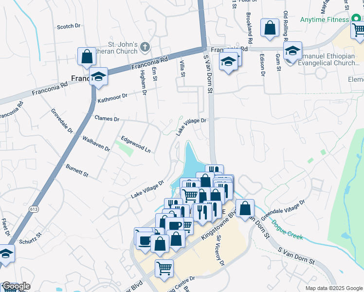 map of restaurants, bars, coffee shops, grocery stores, and more near 6521 Grange Lane in Alexandria
