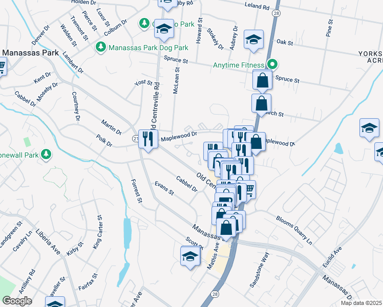 map of restaurants, bars, coffee shops, grocery stores, and more near 8289 Vermont Place in Manassas