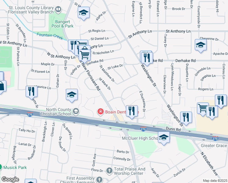 map of restaurants, bars, coffee shops, grocery stores, and more near 1260 Saint Mark Drive in Florissant