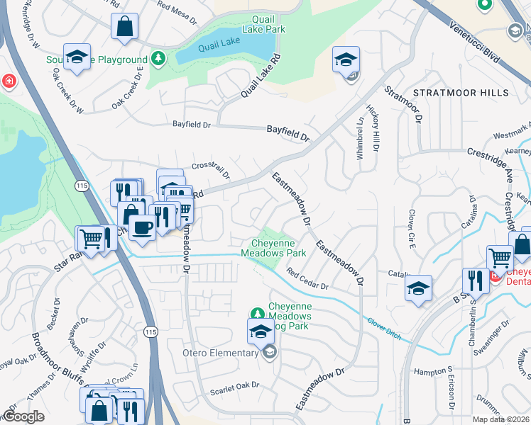map of restaurants, bars, coffee shops, grocery stores, and more near 3835 Strawberry Field Grove in Colorado Springs