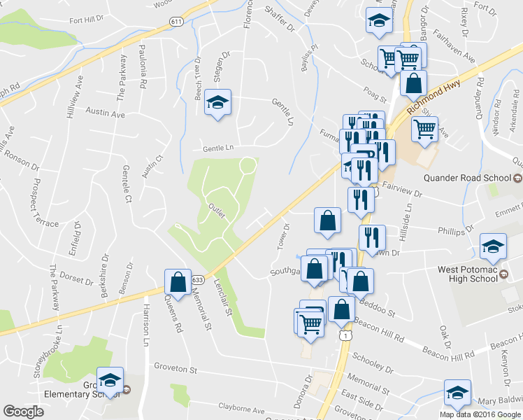 map of restaurants, bars, coffee shops, grocery stores, and more near 6482 Brick Hearth Court in Alexandria