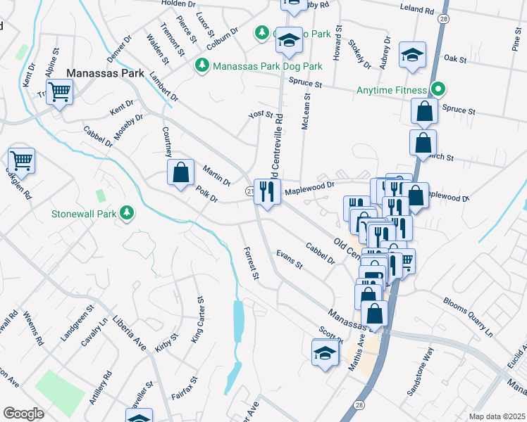 map of restaurants, bars, coffee shops, grocery stores, and more near 178 Manassas Drive in Manassas Park