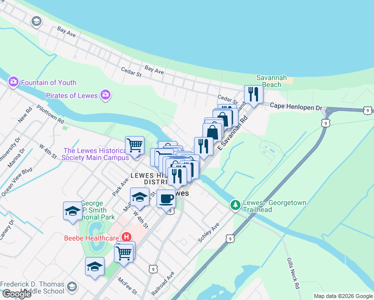 map of restaurants, bars, coffee shops, grocery stores, and more near 202 Anglers Road in Lewes