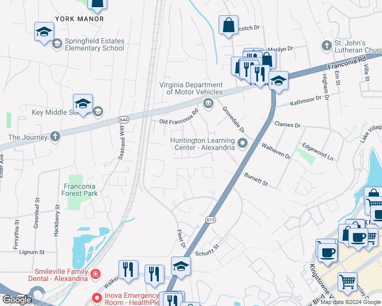 map of restaurants, bars, coffee shops, grocery stores, and more near 6487 Sharon Kay Court in Alexandria