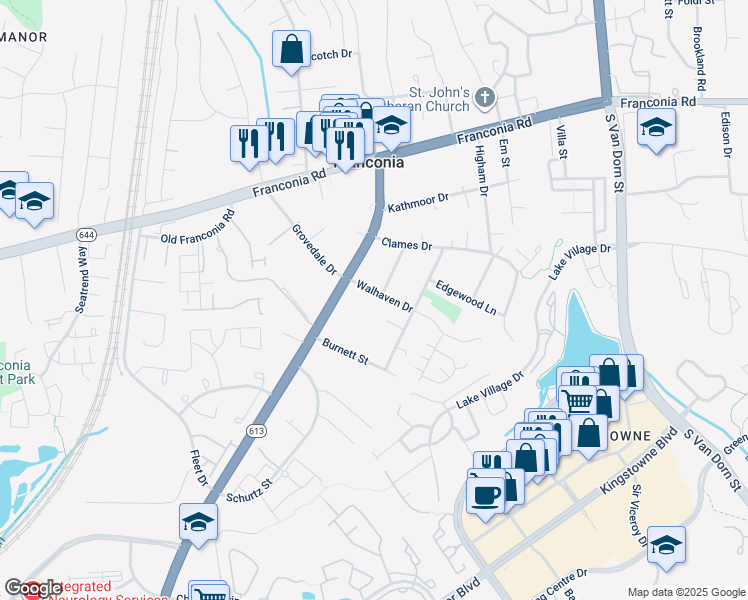 map of restaurants, bars, coffee shops, grocery stores, and more near 6101 Walhaven Drive in Alexandria