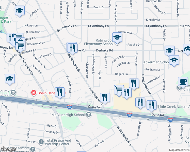 map of restaurants, bars, coffee shops, grocery stores, and more near 80 Lynn Meadows Lane in Florissant