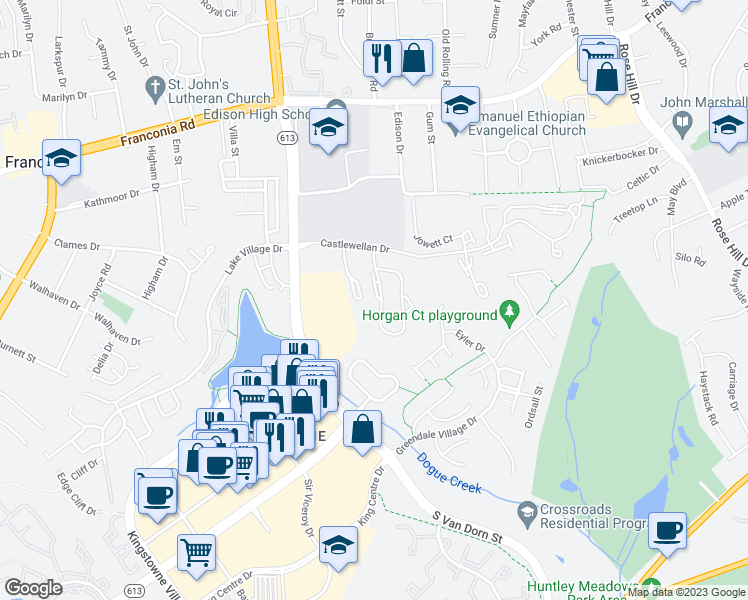 map of restaurants, bars, coffee shops, grocery stores, and more near 6540 Kelsey Point Circle in Alexandria