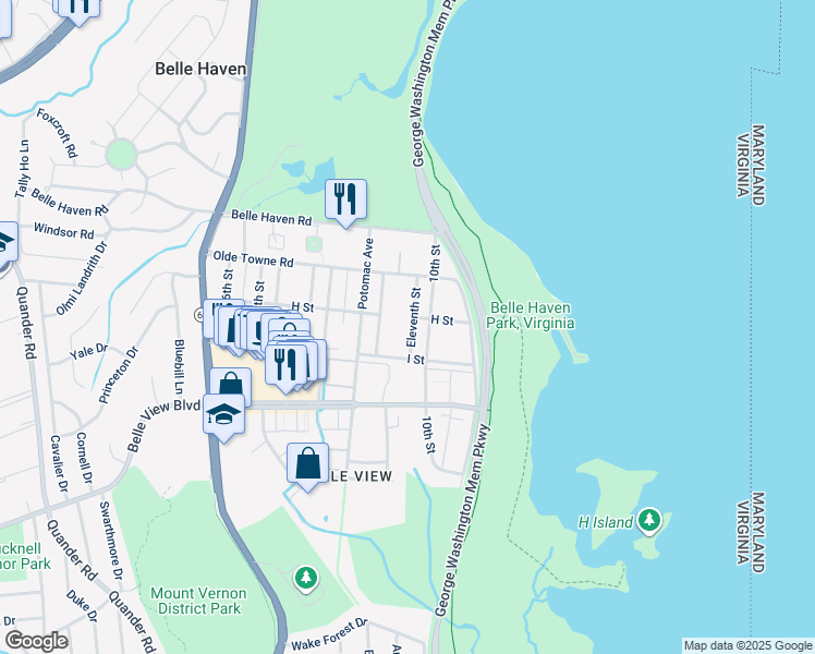 map of restaurants, bars, coffee shops, grocery stores, and more near 6417 11th Street in Alexandria