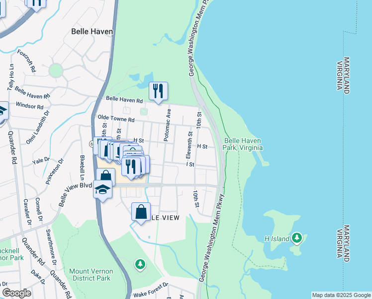 map of restaurants, bars, coffee shops, grocery stores, and more near 6417 11th Street in Alexandria