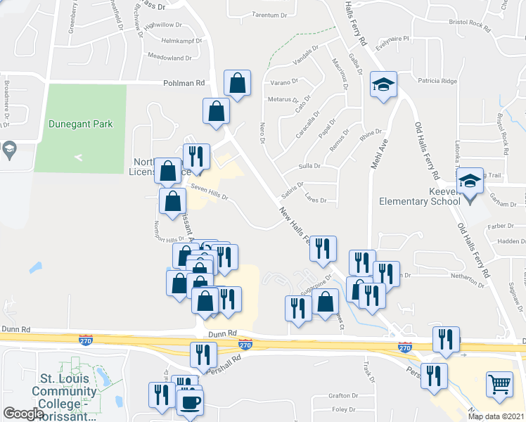 map of restaurants, bars, coffee shops, grocery stores, and more near 11655 New Halls Ferry Road in Florissant