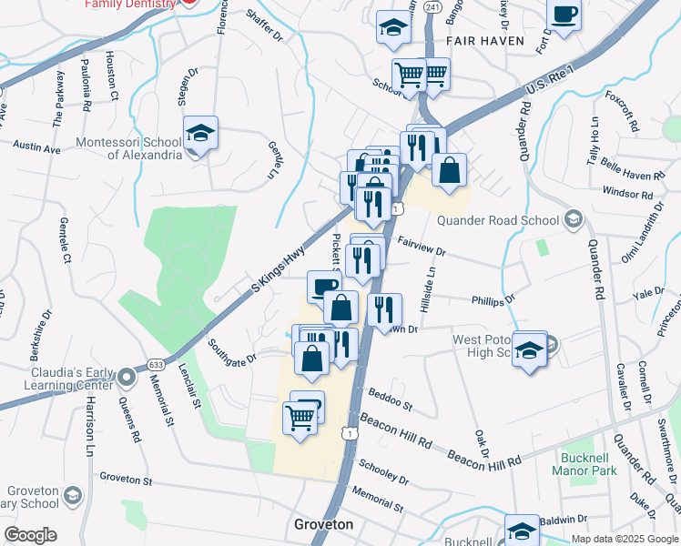 map of restaurants, bars, coffee shops, grocery stores, and more near 2906 Franklin Street in Alexandria