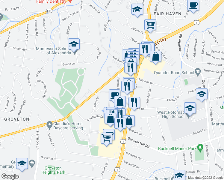 map of restaurants, bars, coffee shops, grocery stores, and more near 3008 Franklin Street in Alexandria