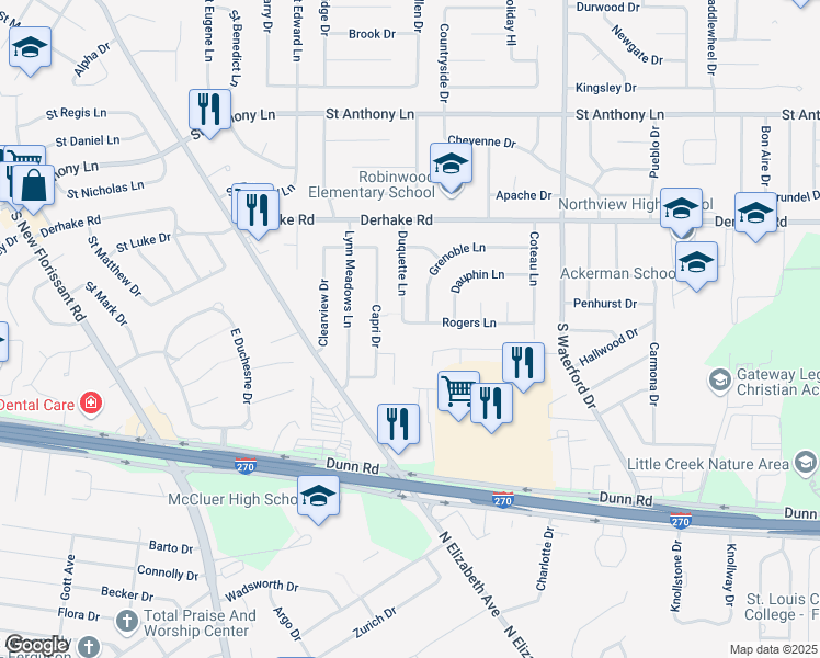 map of restaurants, bars, coffee shops, grocery stores, and more near 880 Rogers Lane in Florissant