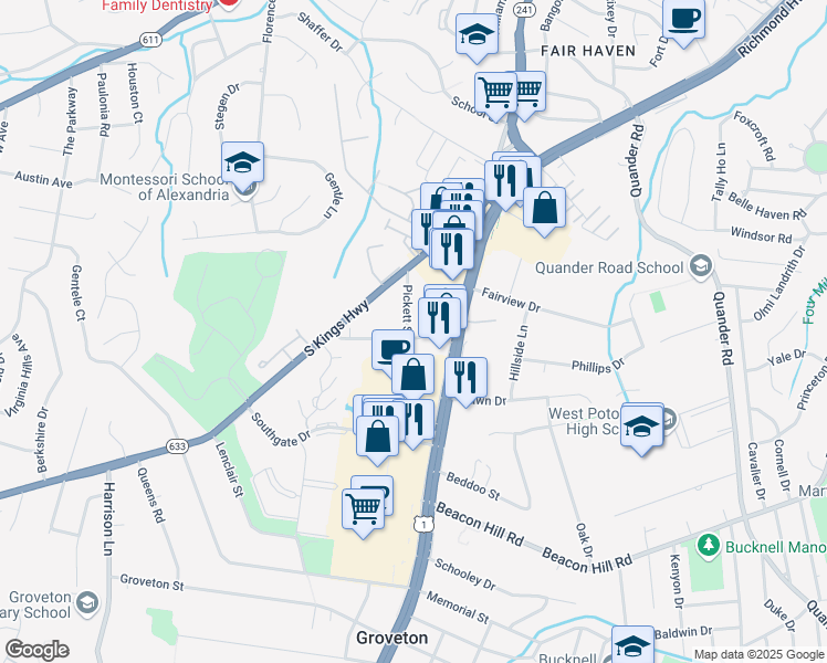 map of restaurants, bars, coffee shops, grocery stores, and more near 2906 Franklin Street in Alexandria