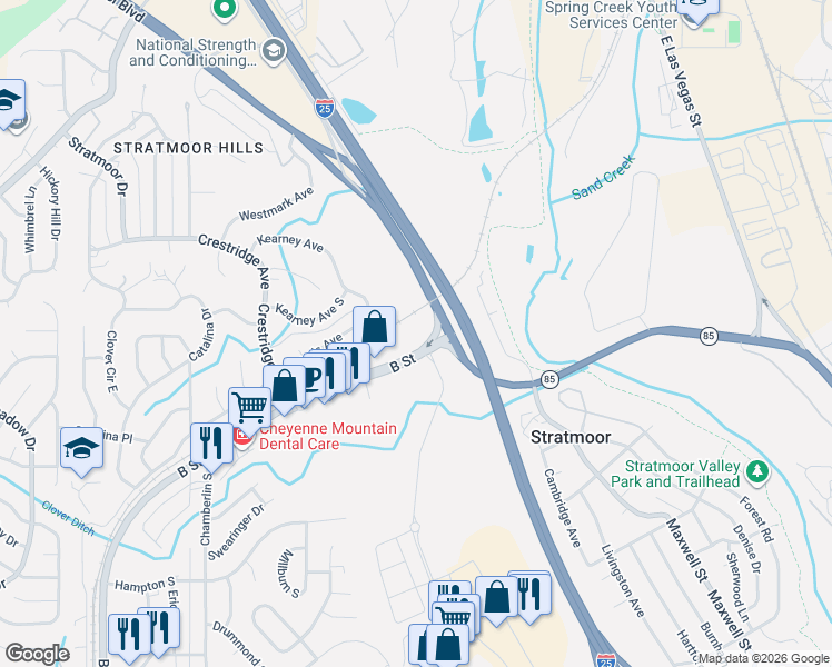 map of restaurants, bars, coffee shops, grocery stores, and more near 2270 B Street in Colorado Springs