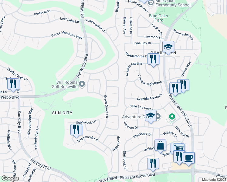 map of restaurants, bars, coffee shops, grocery stores, and more near 5408 Campcreek Loop in Roseville