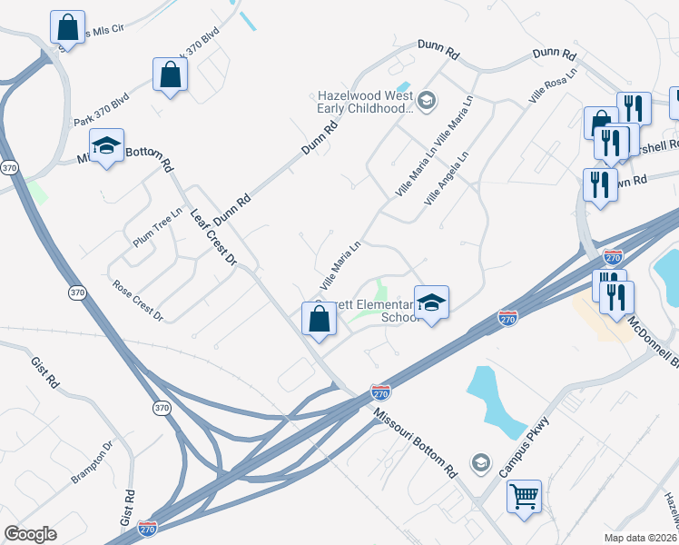 map of restaurants, bars, coffee shops, grocery stores, and more near 5121 Ville Maria Lane in Hazelwood