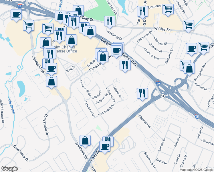 map of restaurants, bars, coffee shops, grocery stores, and more near 1445 Alberta Drive in Saint Charles