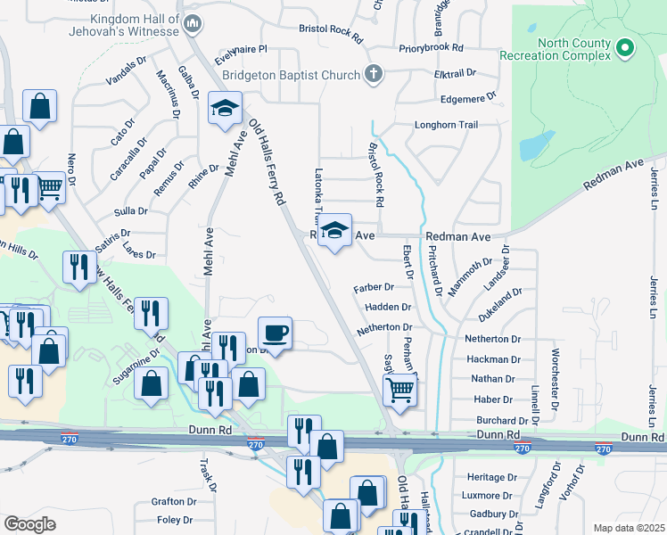map of restaurants, bars, coffee shops, grocery stores, and more near 11230 Old Halls Ferry Road in St. Louis