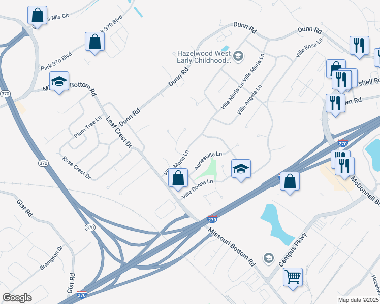 map of restaurants, bars, coffee shops, grocery stores, and more near 5121 Ville Maria Lane in Hazelwood