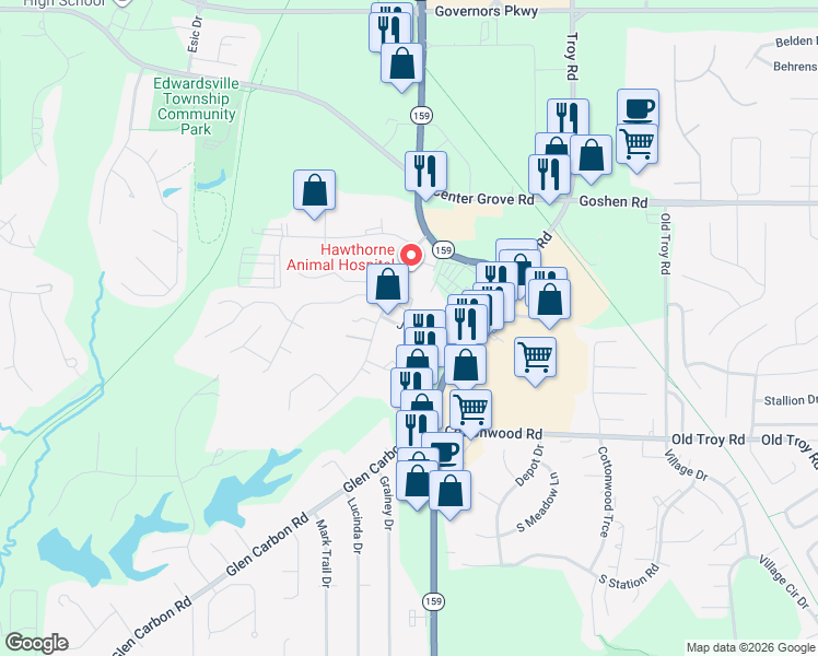 map of restaurants, bars, coffee shops, grocery stores, and more near 11 Junction Drive West in Glen Carbon