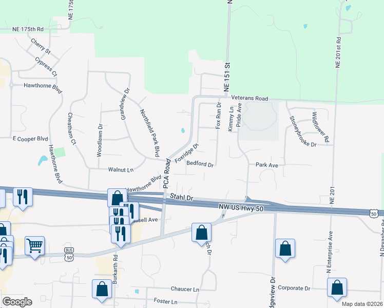 map of restaurants, bars, coffee shops, grocery stores, and more near 1011 Foxridge Drive in Warrensburg