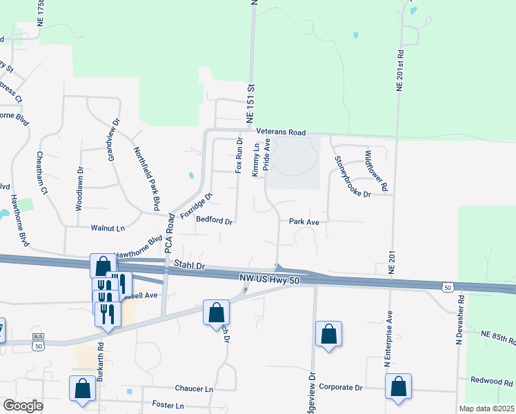 map of restaurants, bars, coffee shops, grocery stores, and more near 1107 Sandra Drive in Warrensburg