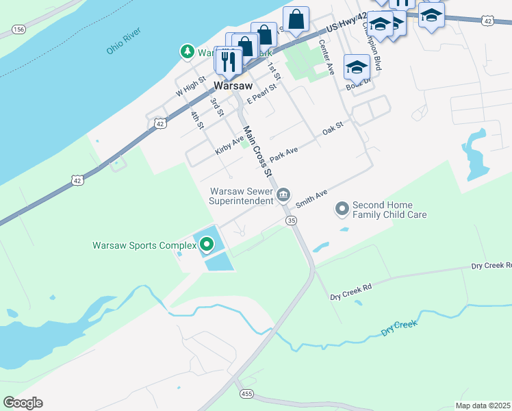map of restaurants, bars, coffee shops, grocery stores, and more near Bea Scott Drive in Warsaw
