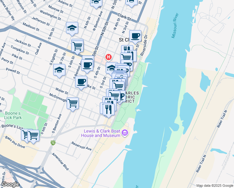 map of restaurants, bars, coffee shops, grocery stores, and more near 422 South Main Street in Saint Charles