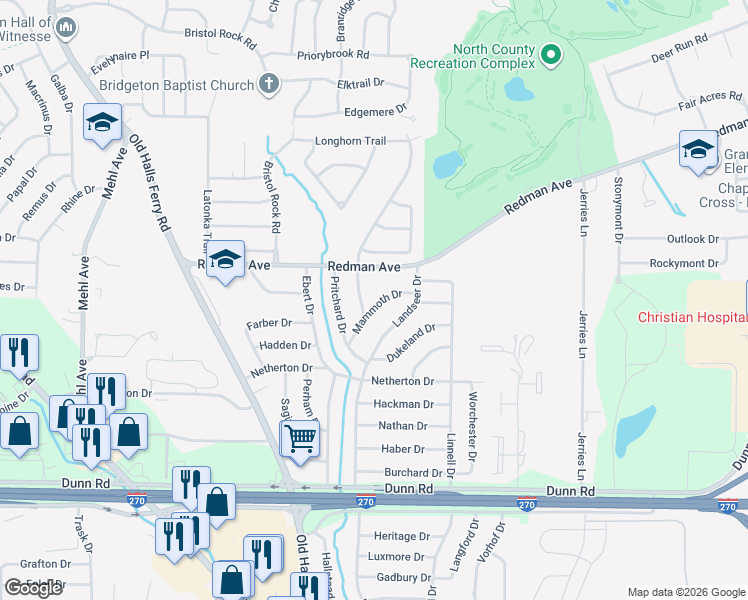 map of restaurants, bars, coffee shops, grocery stores, and more near 11175 Mammoth Drive in St. Louis