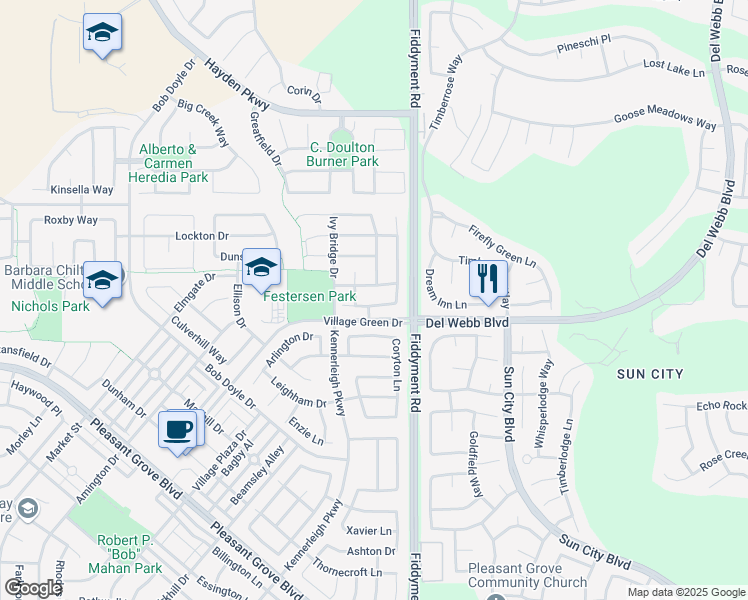 map of restaurants, bars, coffee shops, grocery stores, and more near 2145 Trimstone Way in Roseville