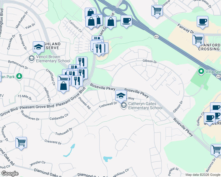 map of restaurants, bars, coffee shops, grocery stores, and more near Roseville Pkwy & Gibson Dr in Roseville