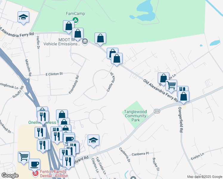 map of restaurants, bars, coffee shops, grocery stores, and more near 7601 Castle Rock Drive in Clinton