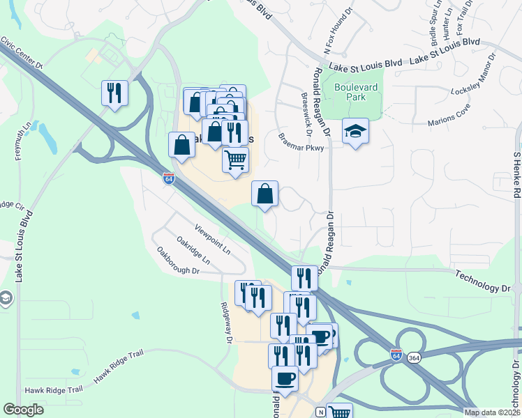map of restaurants, bars, coffee shops, grocery stores, and more near 839 Waterford Villas Drive in Lake Saint Louis
