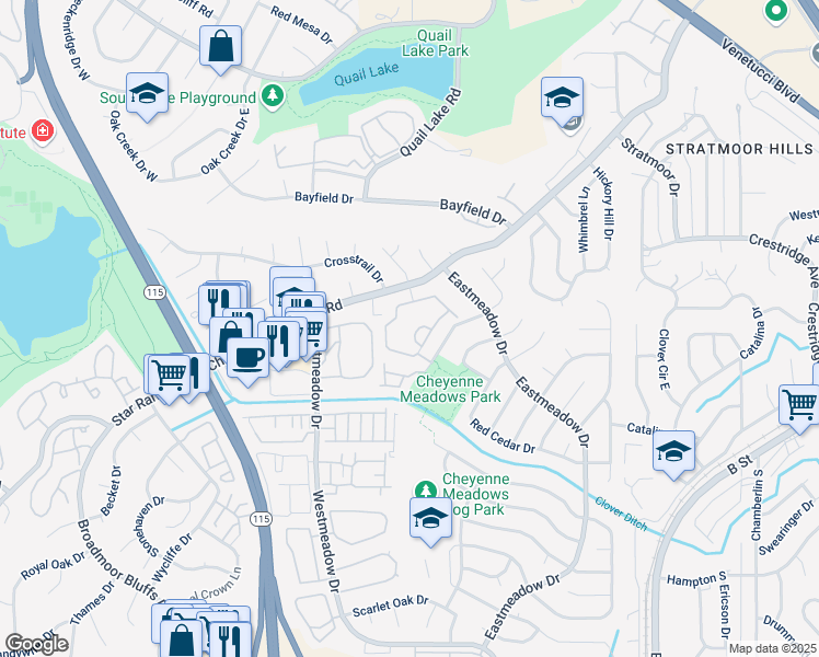 map of restaurants, bars, coffee shops, grocery stores, and more near 3645 Strawberry Field Grove in Colorado Springs
