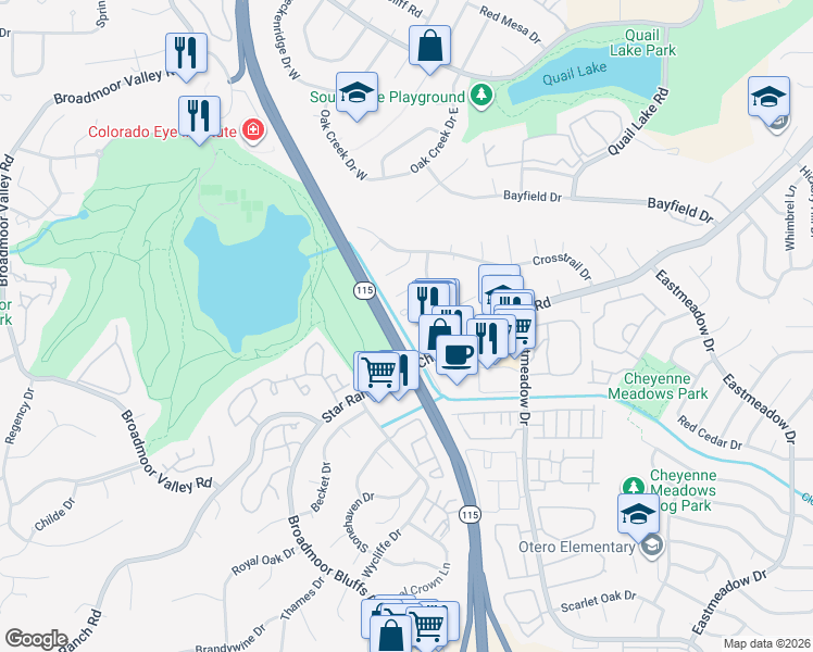 map of restaurants, bars, coffee shops, grocery stores, and more near 625 San Gabriel Place in Colorado Springs