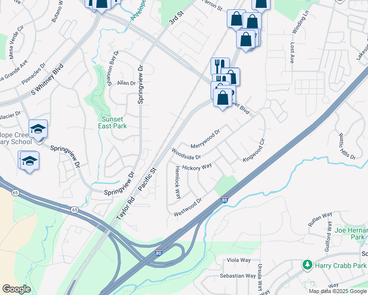 map of restaurants, bars, coffee shops, grocery stores, and more near 6144 Merrywood Drive in Rocklin