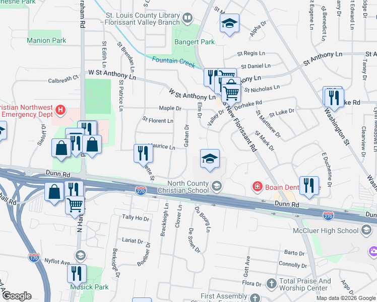 map of restaurants, bars, coffee shops, grocery stores, and more near 3 Willow Court in Florissant