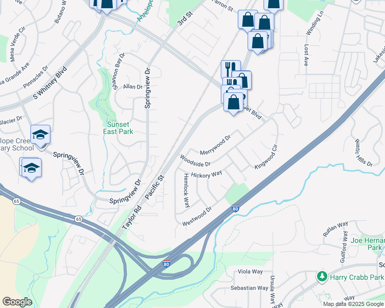 map of restaurants, bars, coffee shops, grocery stores, and more near 6144 Merrywood Drive in Rocklin