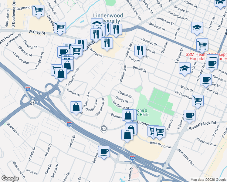 map of restaurants, bars, coffee shops, grocery stores, and more near 912 Nathan Avenue in Saint Charles